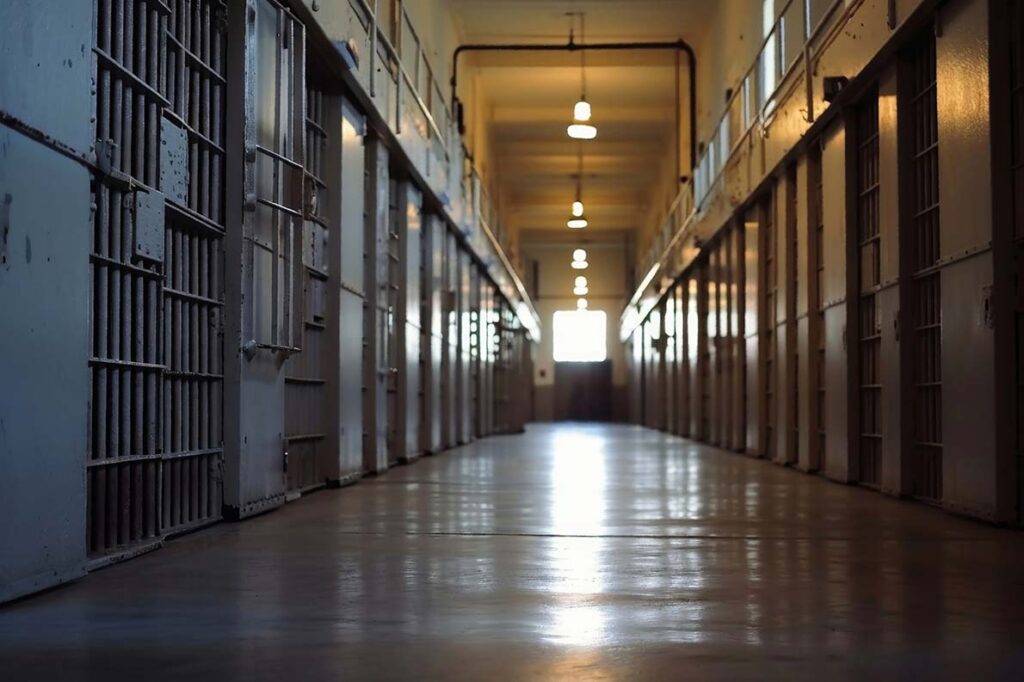 A view down an empty prison corridor.