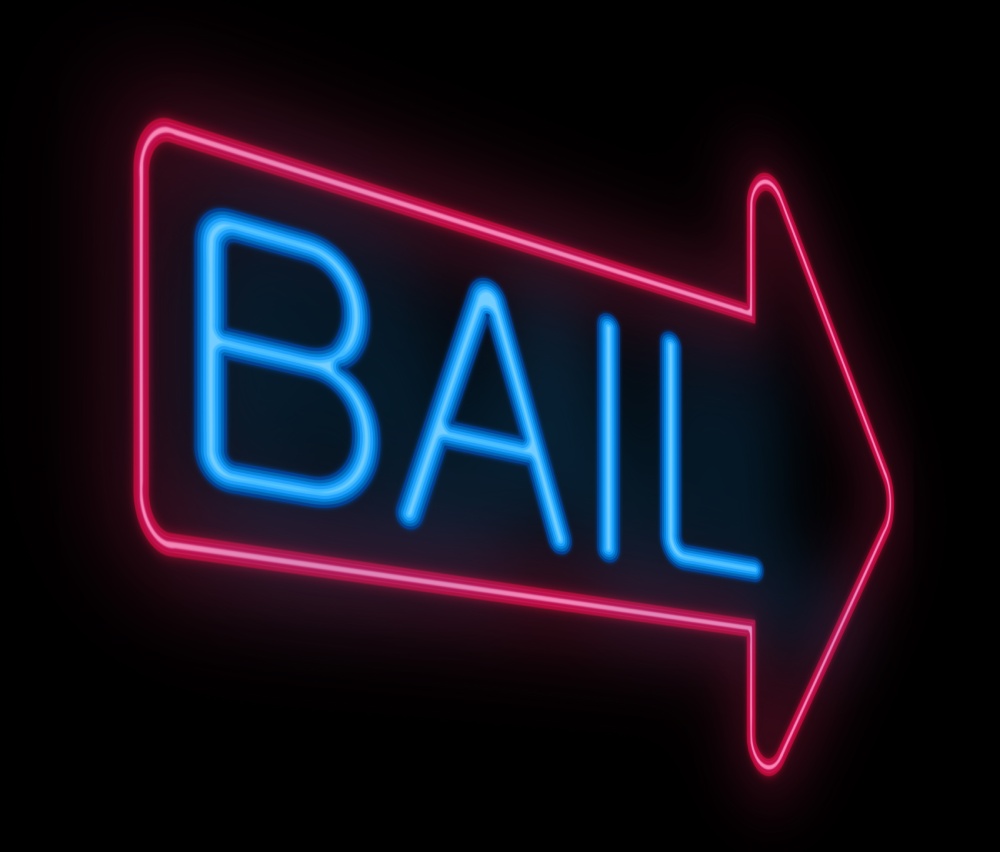 Neon sign that reads bail with arrow pointing to the right