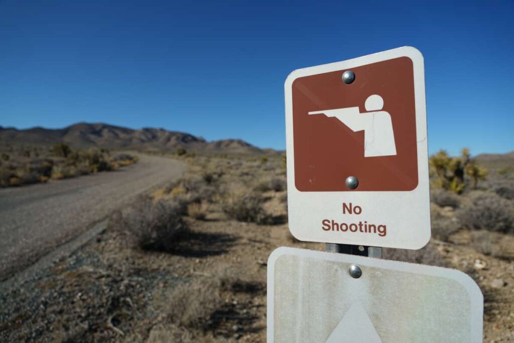 A brown and white 'No Shooting' sign along a desert highway in California