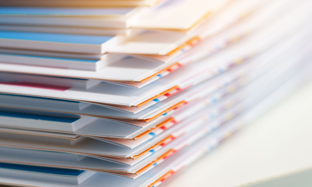 A stack of court records seen in a close-up view.