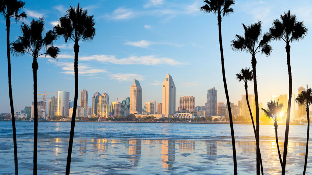 The San Diego marina and skyline seen from the water.