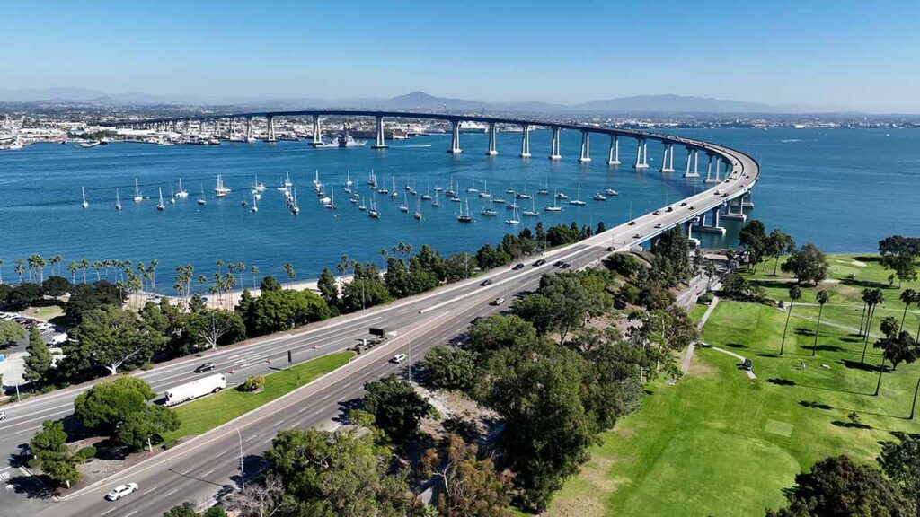 An aerial view of the Coronado Bay Bridge in San Diego.