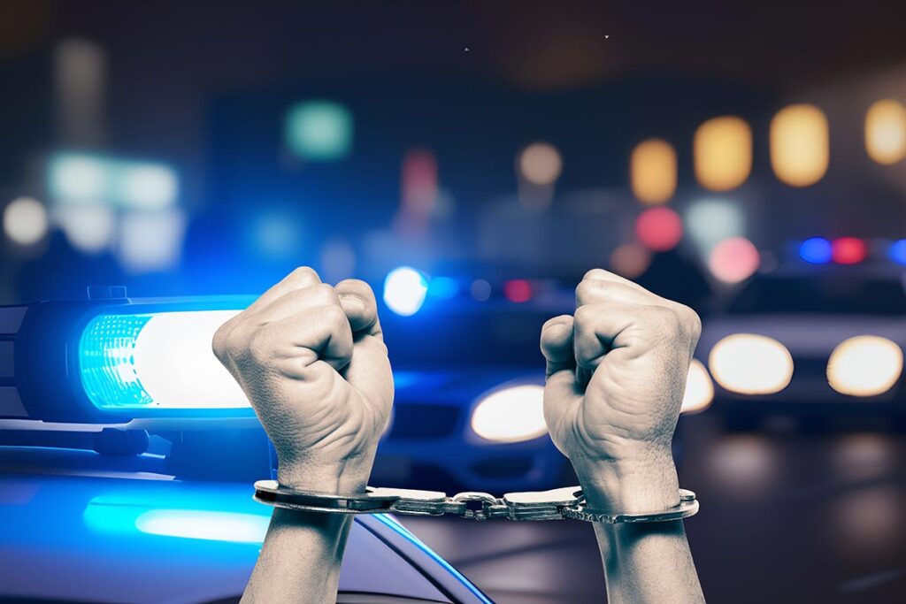 A pair of hands, curled into fists, raised in the air and handcuffed, police lights blurred in the background.