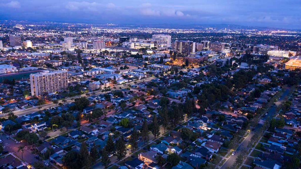 A nighttime view of downtown Santa Ana, CA.