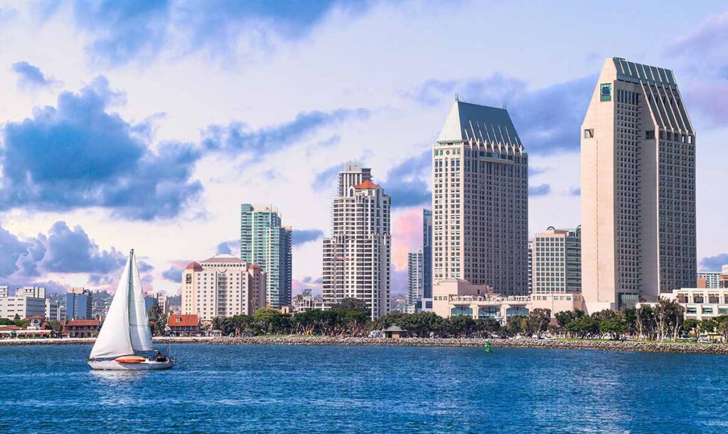 Downtown San Diego seen from the Pacific Ocean.