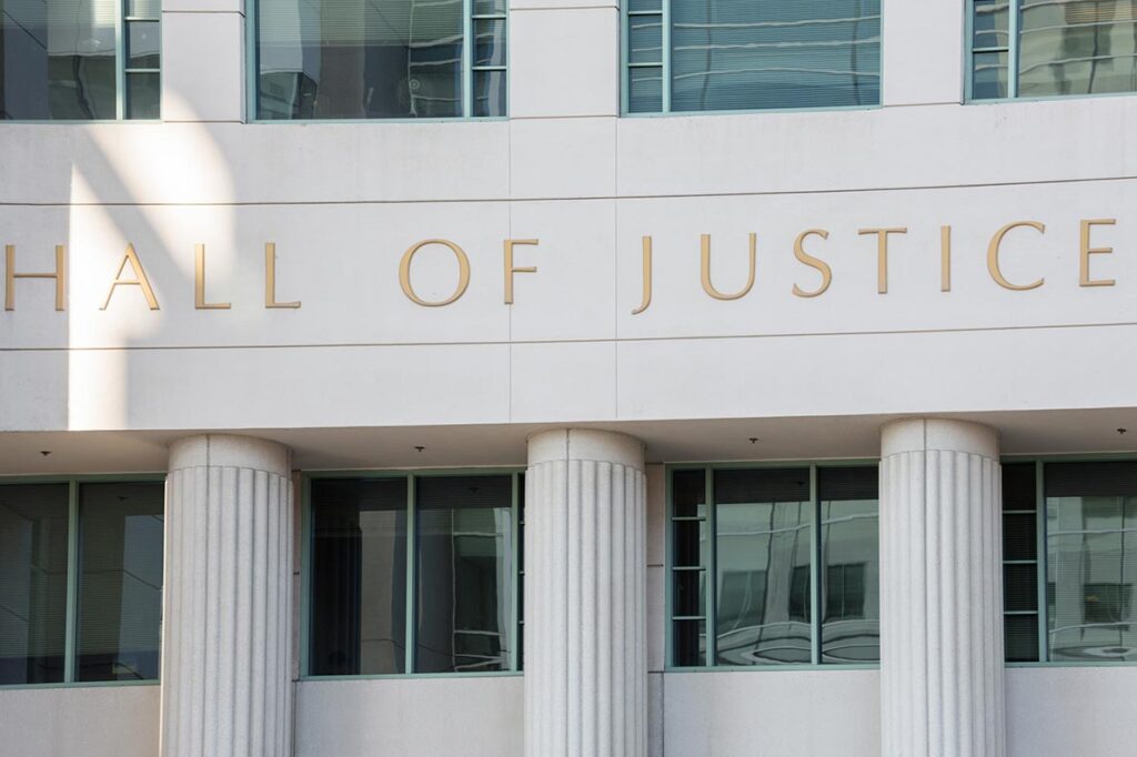 A close-up of the San Diego Hall of Justice building.