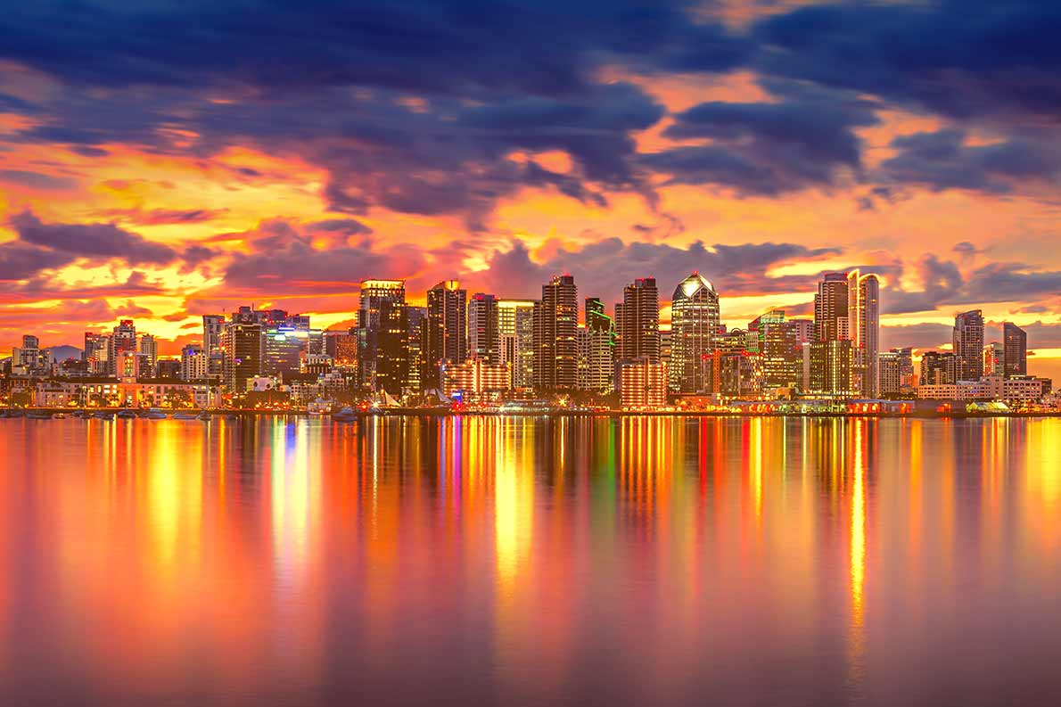 A sunset view of the San Diego skyline.