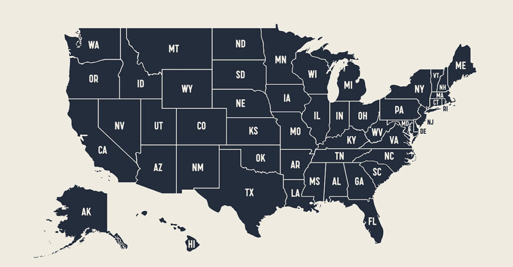 A map of the US with state abbreviations included.