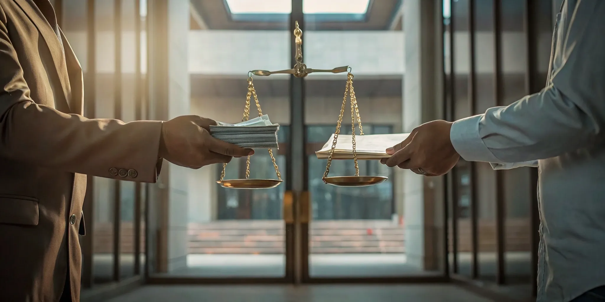 Illustration of courthouse entrance with scale of justice representing cash bail and surety bond.
