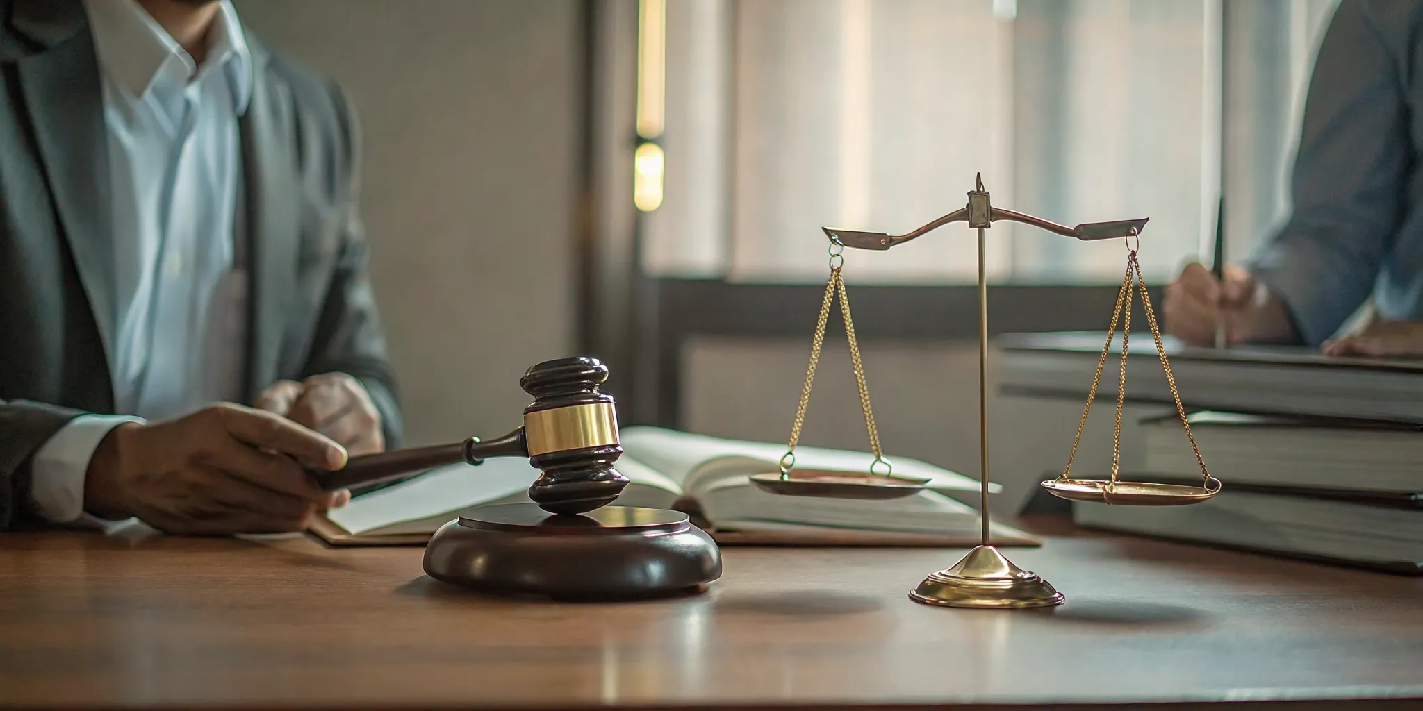A judge's gavel on a wooden desk with bank statements and keys
