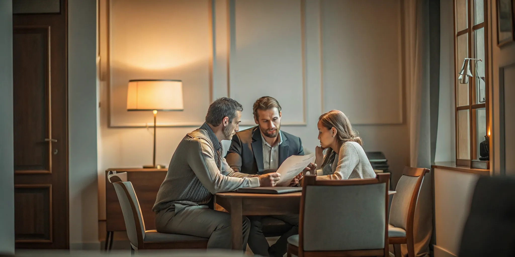 An attorney reviewing case documents in a professional office setting with a family