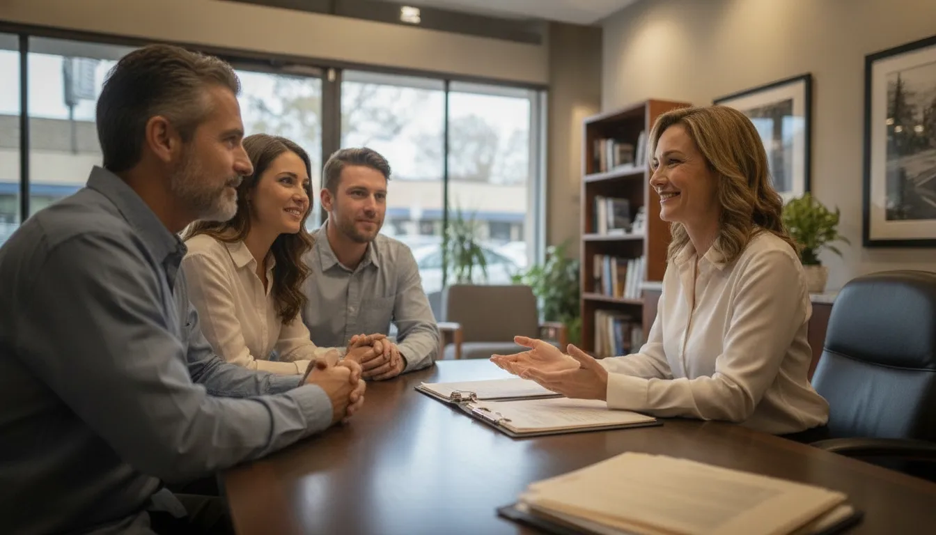 A bail bond agent speaking warmly with a relieved family in a bright office near a courthouse